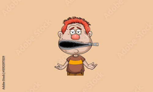 Funny character with zipper mouth and messy red hair.