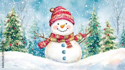 A Cheerful Snowman in a Snowy Winter Wonderland with Christmas Trees