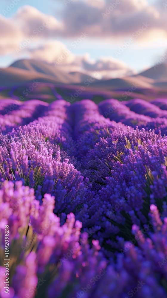 Obraz premium Vibrant purple lavender field, mountains in background, sunlit.
