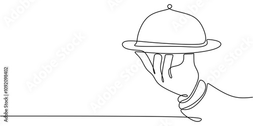 Hands holding serving plates in continuous one line drawing. Minimalist food design.