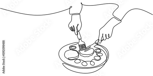 Hands preparing food in one line drawing. Simple food concept.