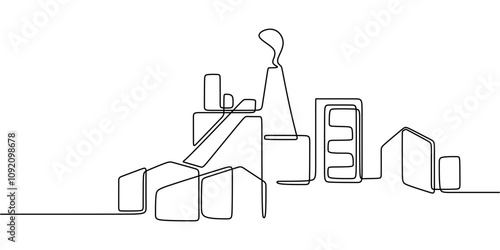 Industrial air pollution with factories emitting smoke in one line drawing. Renewable energy.