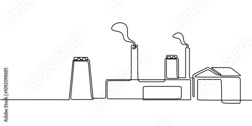 Industrial air pollution with smoke from buildings in continuous one line drawing. Renewable energy.