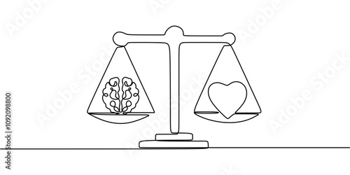 Scale with brain and heart on either side in continuous one line drawing. Logic vs. emotion.