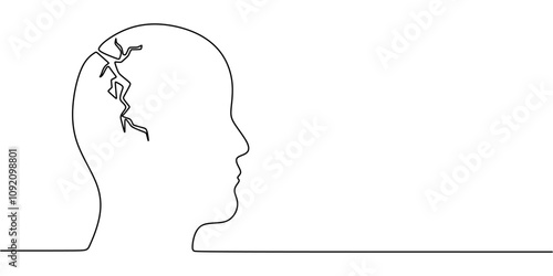 Fractured human face, cracked in continuous one line drawing. Psychological distress symbol.