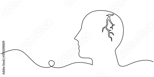 Fractured human face in one line drawing. Inner psychological conflict and trauma.