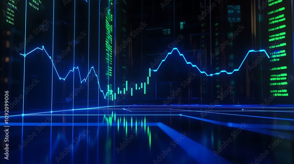 Naklejka premium Futuristic Stock Market Data Neon Blue Green Chart