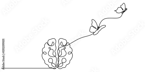 Butterfly emerging from a brain in one line drawing. Personal transformation in psychology.