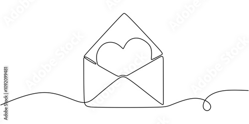 Love letter with a heart in one line drawing. Symbolizing affection and connection.