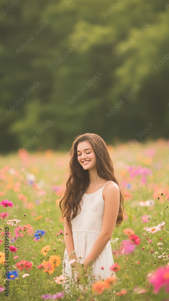 A young woman stands in a colorful flower field, smiling softly. A young woman stands in a colorful flower field, smiling softly.