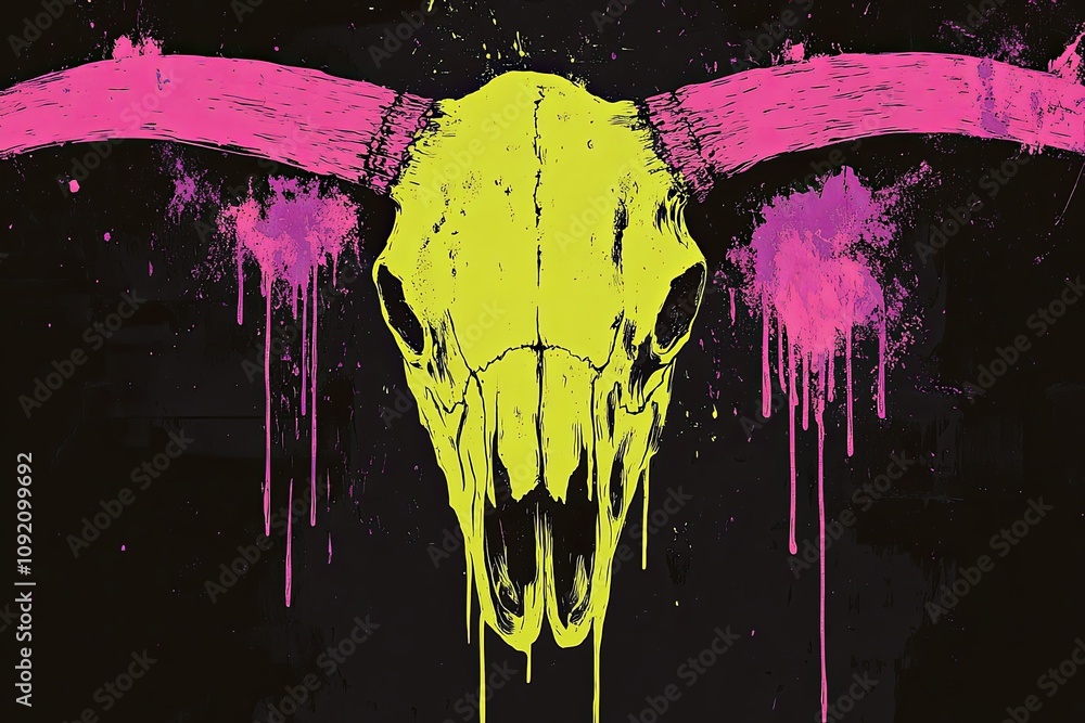 Fototapeta premium Neon yellow bull skull with pink paint splatters on black background.