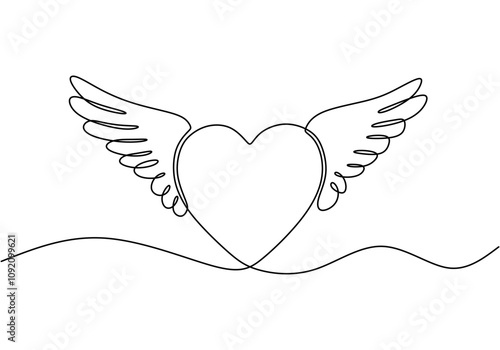 Heart with Wings. Continuous One Line Drawing Expressing Freedom, Love, and Passion.