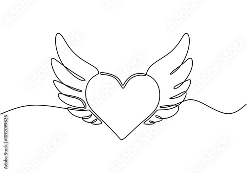 Winged Heart. Minimalist One Line Drawing Representing Love, Liberation, and Emotional Flight.