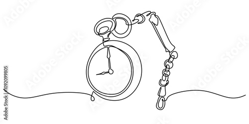 Vintage Pocket Watch with a Simple Chain. One Line Drawing Representing Timelessness and Classic Elegance in a Minimalist Style.