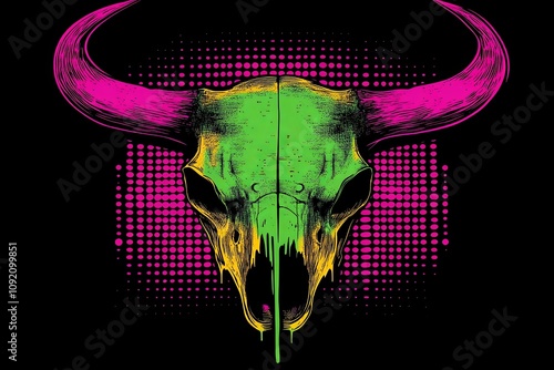 Neon-colored bull skull illustration with dripping paint effect on a black background. photo