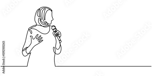 Muslim woman holding microphone continuous line drawing. Empowerment and speech concept.