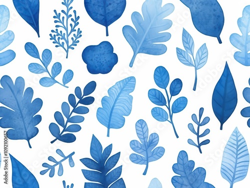 A beautiful collection of blue watercolor leaves showcasing nature's elegance and artistic design for various creative projects. photo