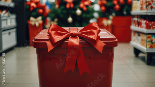 Christmas donations. Soft toy drive collection. A large red box with a big red bow stands on a table in a store with Christmas decorations in the background. photo