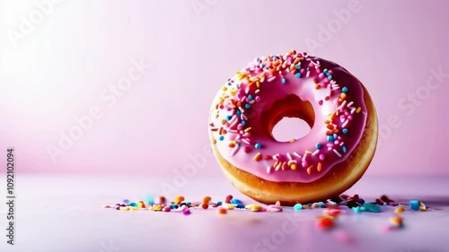 Pink doughnut with colorful sprinkles on top against a solid color background, close-up product shot, ideal for bakery, dessert, and food advertising media.
 photo