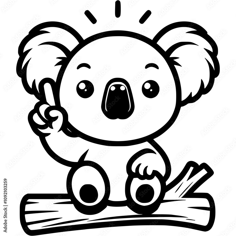 Fototapeta premium Fluffy Australian koala has an idea and is giving a thumbs up gesture in monochrome. Simple minimalistic vector in black ink drawing on transparent background