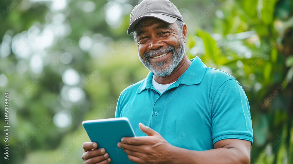 Fototapeta premium middle aged farmer smiles while using tablet in lush green field, showcasing modern agriculture technology