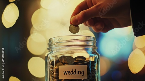 Transparent glass jar labeled wedding with coins inside, hand holding a coin above it, soft lighting, representing wedding savings photo