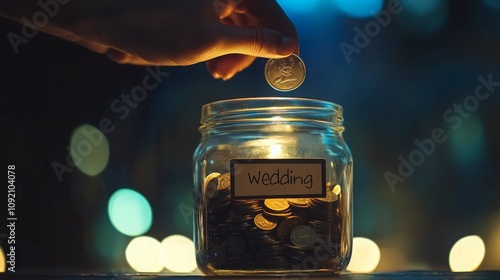 Transparent glass jar labeled wedding with coins inside, hand holding a coin above it, soft lighting, representing wedding savings photo