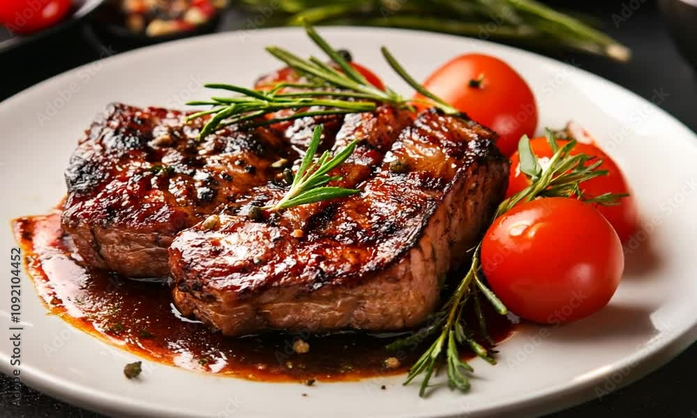Juicy Grilled Beef Steak with Rosemary Garnish and Cherry Tomatoes : Generative AI Juicy Grilled Beef Steak with Rosemary Garnish and Cherry Tomatoes : Generative AI