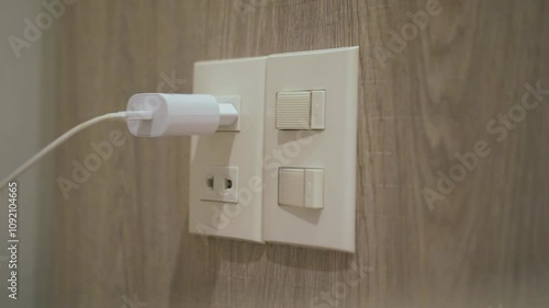 Charging battery of mobile phone. Close up of human hand connecting adapter to the wall socket. White handphone charger