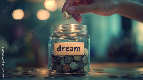 Transparent glass jar labeled dream filled with coins, hand holding a coin above the jar, soft lighting, symbolizing ambitions photo