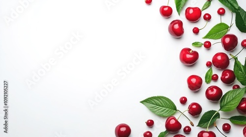 A border of red ripe cherries and green leaves on a white background.