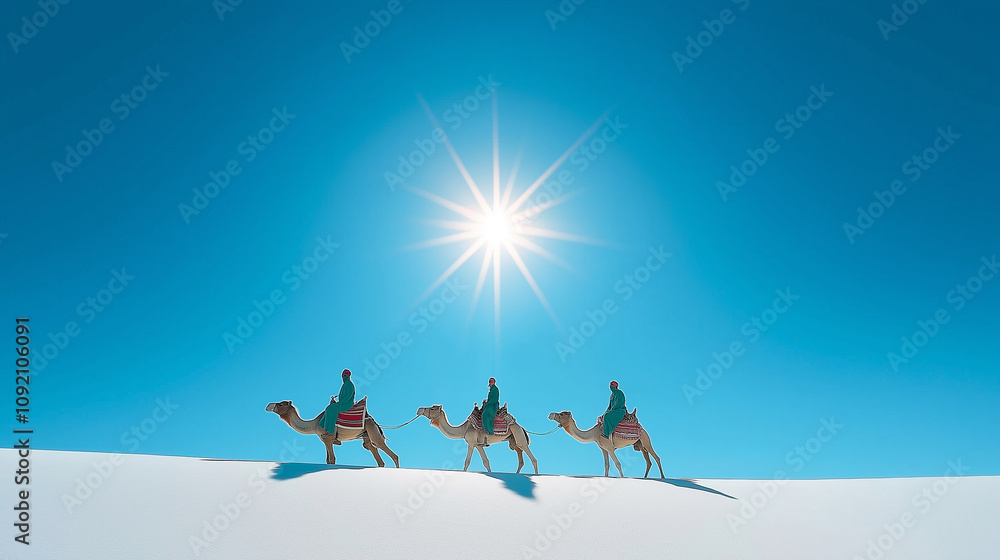 Three tourists riding camels in white sand desert under shining sun Three tourists riding camels in white sand desert under shining sun