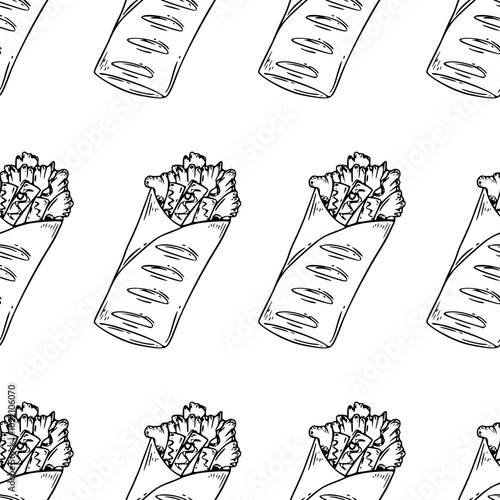 Kebab Illustration Pattern. shawarma pattern background. burrito pattern background. Rolled Sandwich doodle illustration