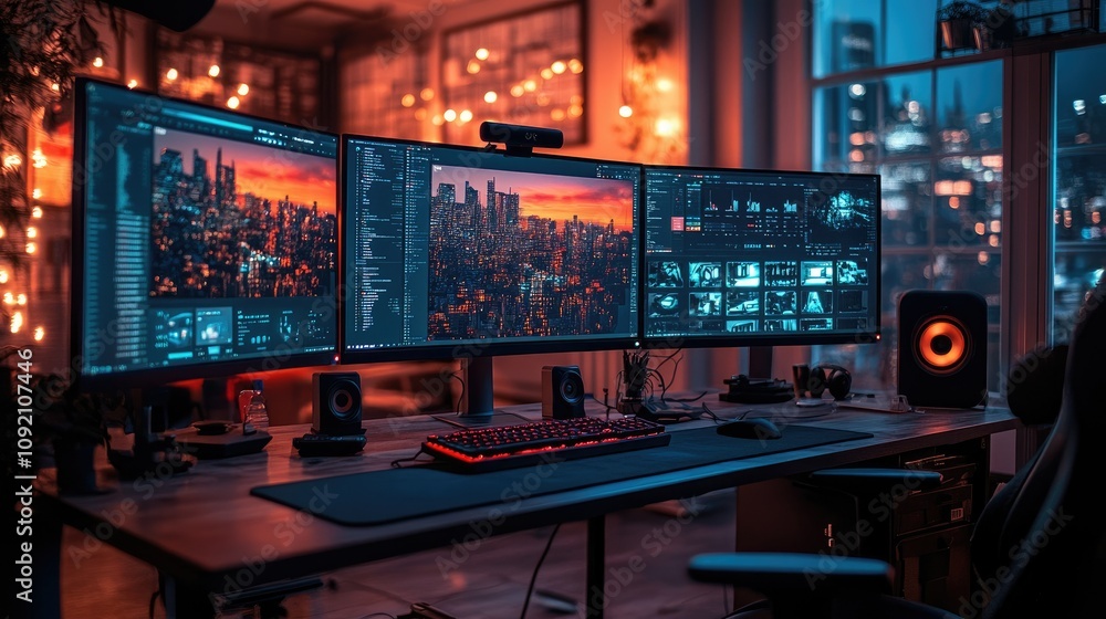 A modern workspace featuring dual monitors, ambient lighting, and a sleek desk setup. A modern workspace featuring dual monitors, ambient lighting, and a sleek desk setup.