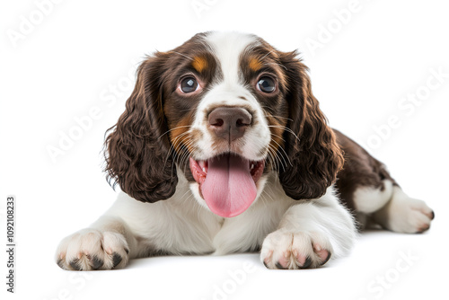 Adorable Cocker Spaniel puppy with floppy ears and playful expression on white background