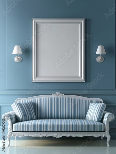 Elegant Blue Striped Sofa with Ornate Frame and Blank Canvas photo