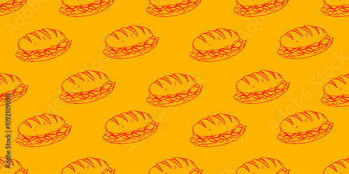 Vintage Sandwich Doodle Pattern Background. Stuffed Bread pattern background. Sandwich Vintage pattern Design. 