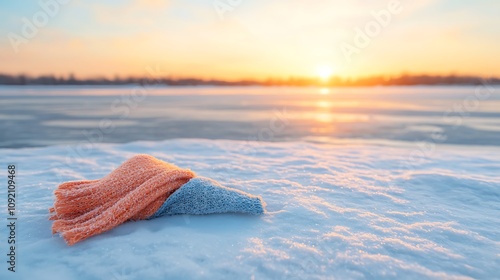 Sunset over icy shoreline with colorful scarf frozen landscape nature photography winter serenity