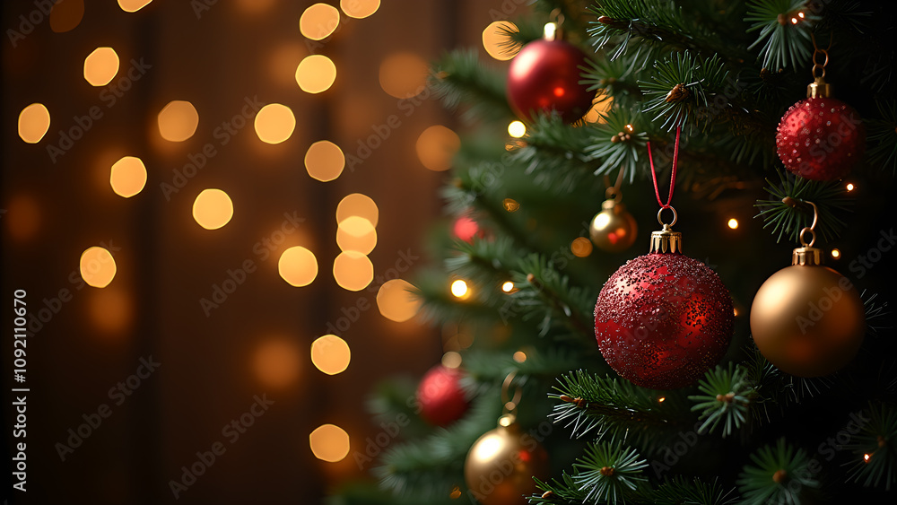 Obraz premium Christmas tree with red and gold ornaments. Concept of winter holidays, celebration, and festive season.