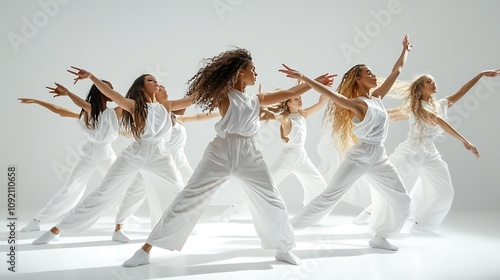 A Group of Women Dancing in White Jumpsuits on a White Background