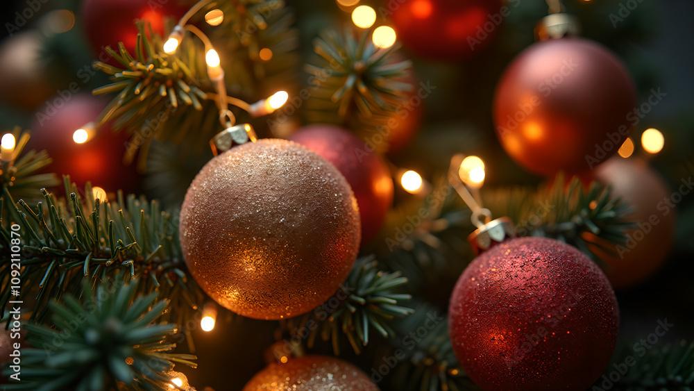 Christmas tree ornaments with warm lights. Concept of festive season, winter holidays, and celebration. Christmas tree ornaments with warm lights. Concept of festive season, winter holidays, and celebration.