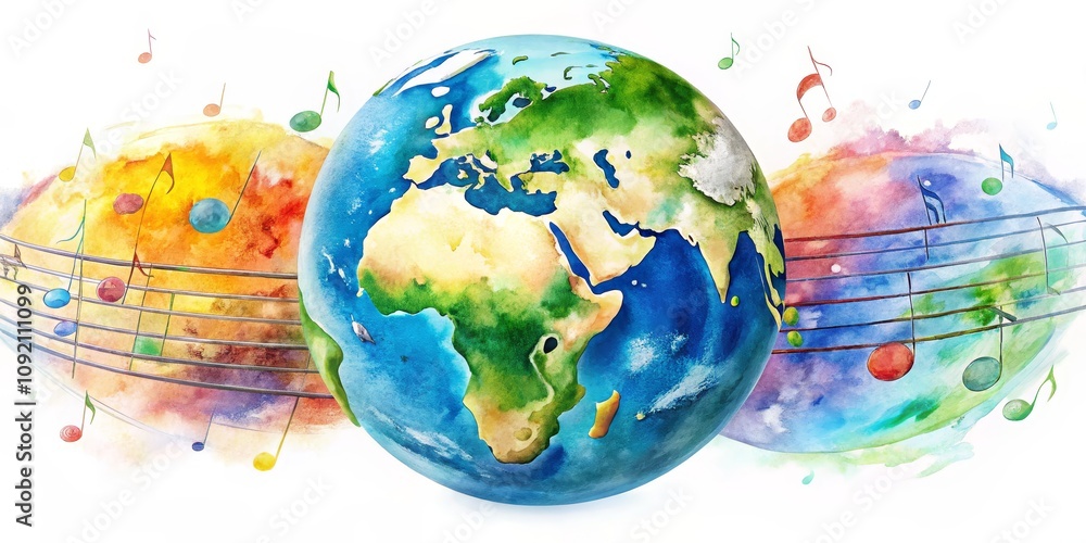Naklejka premium Watercolor Earth Globe Surrounded by Music Notes, Earth Day, Music Festival