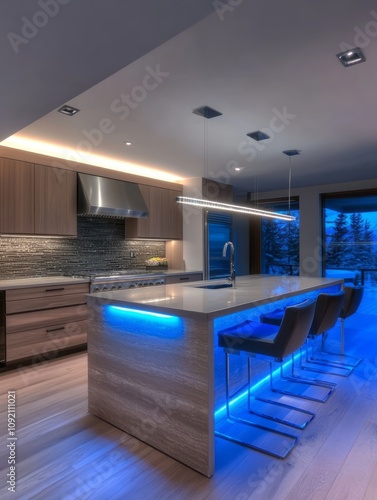 Modern Kitchen Island with Blue LED Lighting and Island Seating