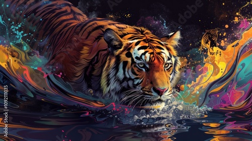 Wallpaper Mural Majestic tiger swimming in vibrant, colorful liquid. Torontodigital.ca
