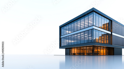 modern office building with glass facade and sleek design, reflecting contemporary architectural style. structure features large windows and minimalist aesthetic, set against clear sky