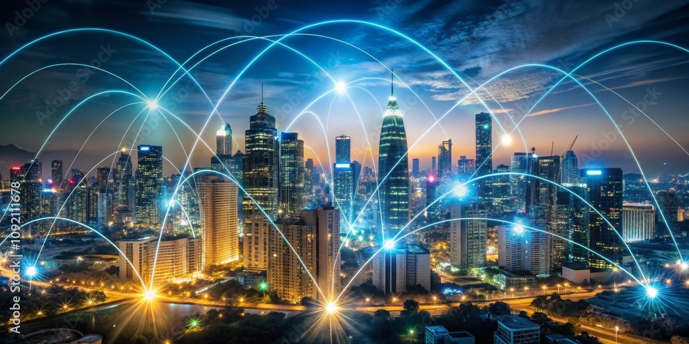 Fototapeta premium Night cityscape with glowing lines connecting buildings, representing a network of communication and technology, city lights, urban, aerial, night photography, skyline