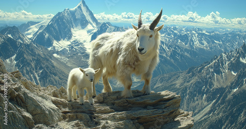 Mountain Goat Family on Rocky Peak: A mother mountain goat and her kid stand on a rocky peak overlooking a majestic mountain range. The image captures the beauty and grandeur of nature. photo