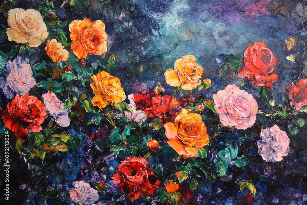 Fototapeta premium A vibrant oil painting depicting a blooming garden of roses in various shades of pink, red, yellow, and orange.