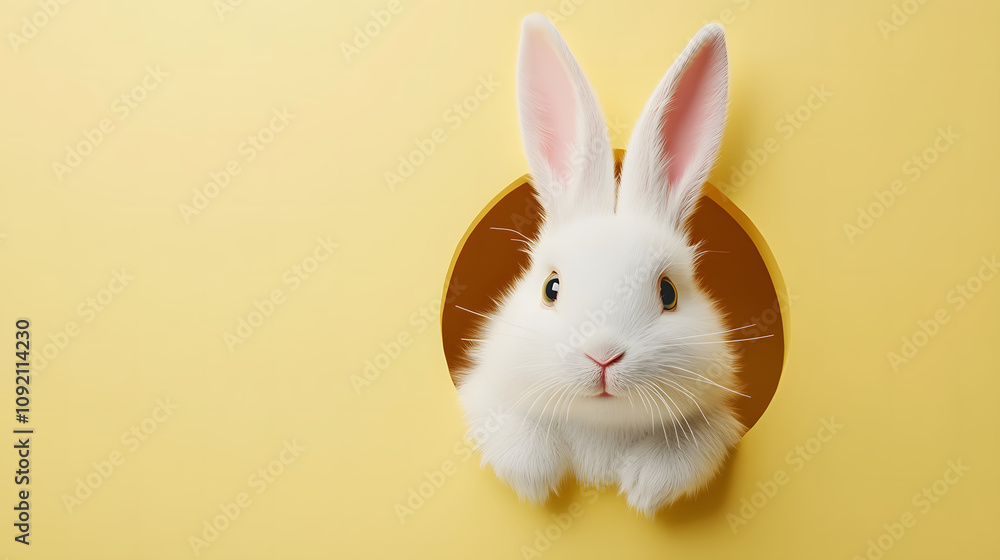 Obraz premium A Cute Easter Bunny with Fluffy White Fur Peeking Through a Round Hole in a Bright Yellow Background, Exuding Cheerful Spring Vibes.