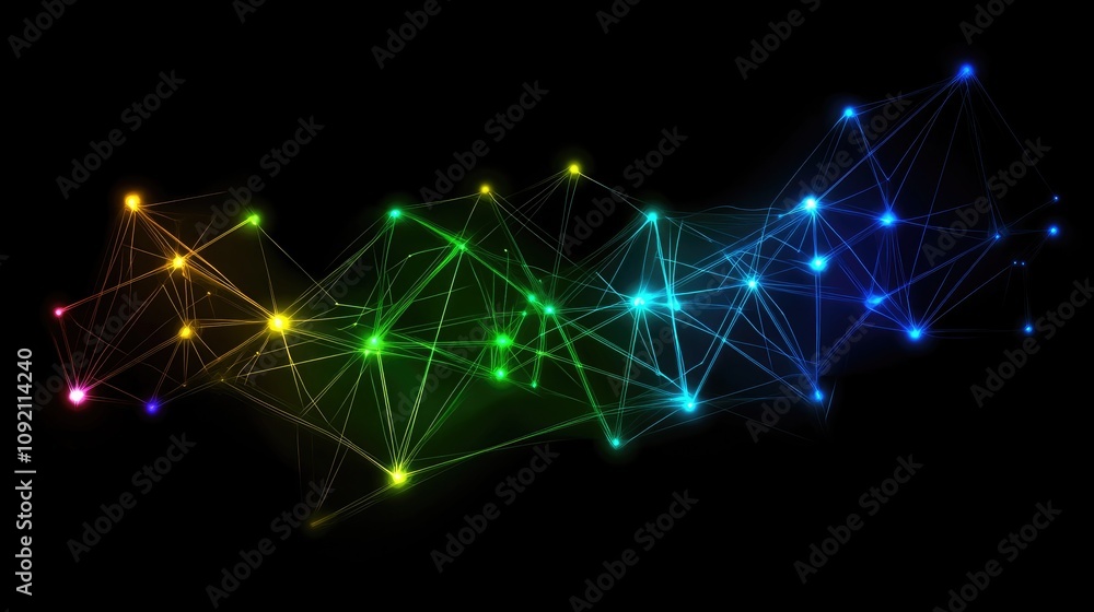 Obraz premium Vibrant Rainbow Network: Nodes Connect, Forming Abstract Shapes, Glowing Brilliantly in Dark Space. Digital Art's Mesmerizing Beauty.